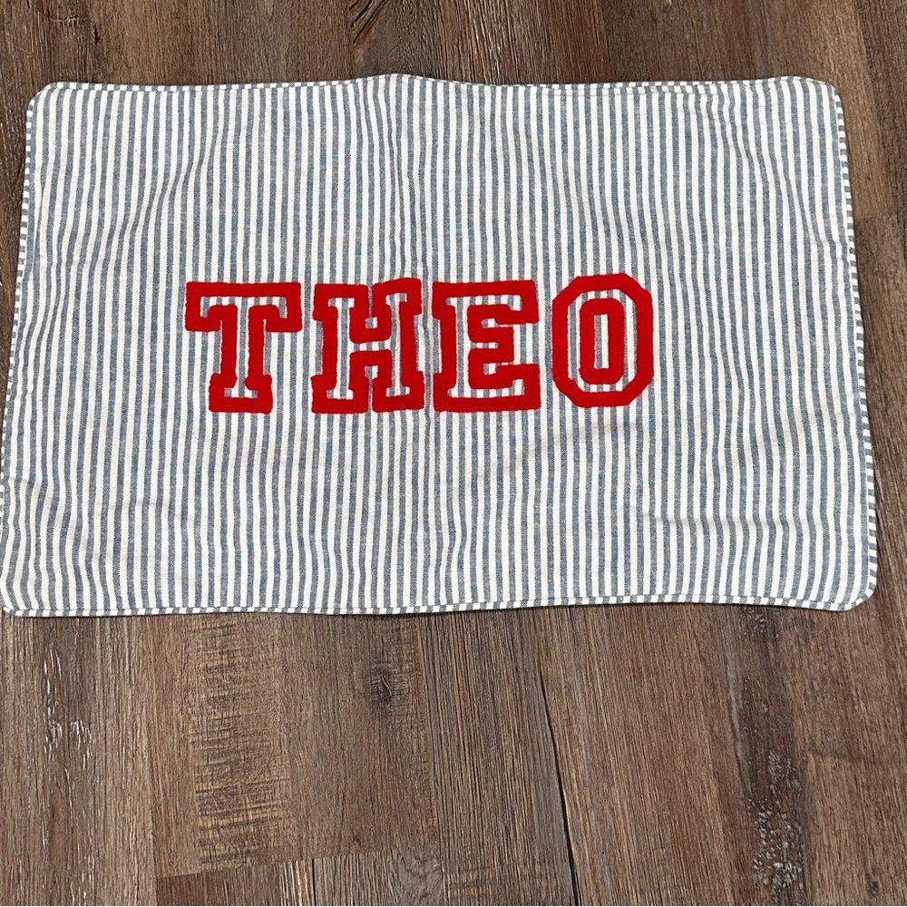 Pottery Barn Kids Monogram Name Pillow Cover Blue Stripe THEO